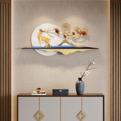HMR - 55" Modern Metal Wall Decor with Hollow-Out Ginkgo Leaves & Deer for Living Room