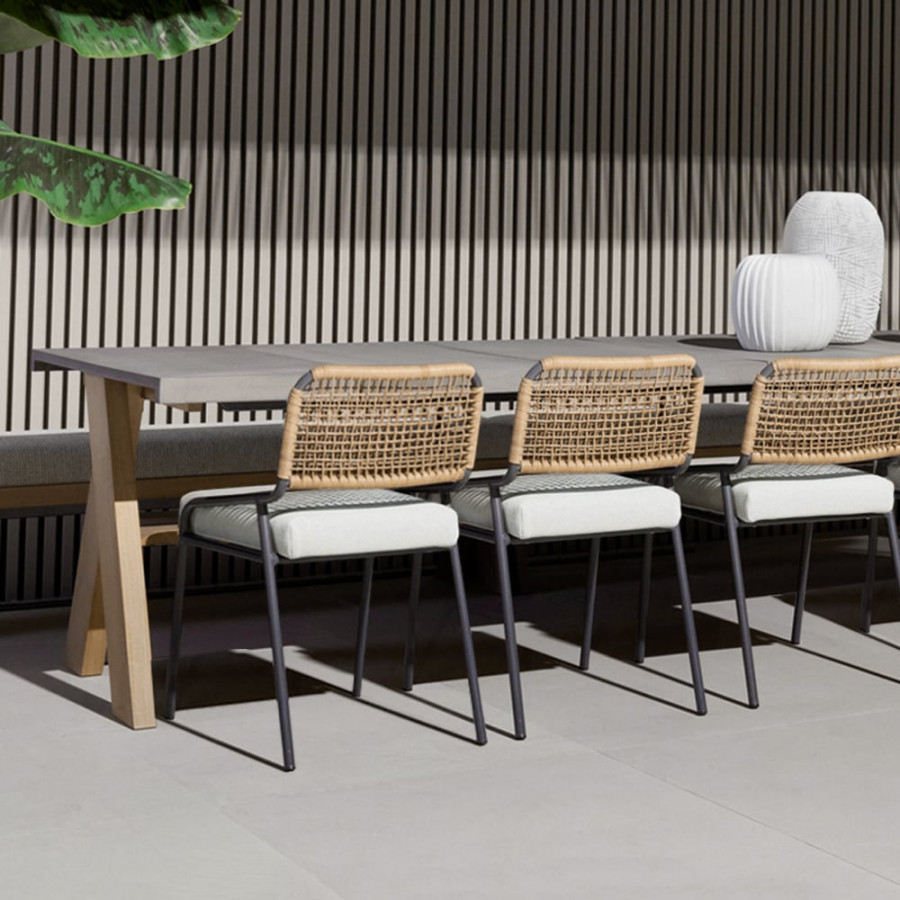 HMR - 9-Pieces Mid Century Modern Outdoor Dining Set Rectangle Table & Aluminum Rattan Chair