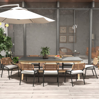 HMR - 9-Pieces Mid Century Modern Outdoor Dining Set Rectangle Table & Aluminum Rattan Chair