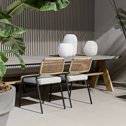 HMR - 9-Pieces Mid Century Modern Outdoor Dining Set Rectangle Table & Aluminum Rattan Chair