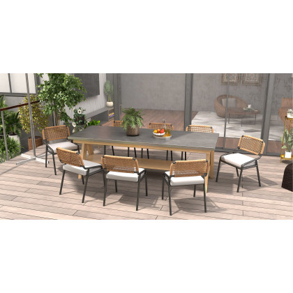 HMR - 9-Pieces Mid Century Modern Outdoor Dining Set Rectangle Table & Aluminum Rattan Chair