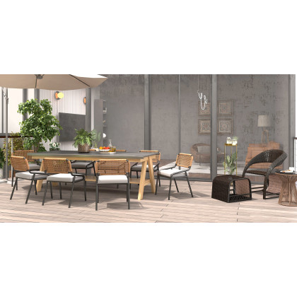 HMR - 9-Pieces Mid Century Modern Outdoor Dining Set Rectangle Table & Aluminum Rattan Chair