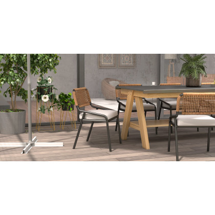 HMR - 9-Pieces Mid Century Modern Outdoor Dining Set Rectangle Table & Aluminum Rattan Chair