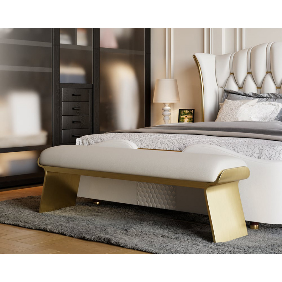 HMR - Upart Beige Modern Stainless Steel Bench Leath-Aire Upholstered Bedroom Long Bench