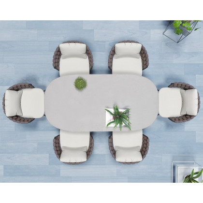 HMR Outdoor Faux Marble Top Dining Table Set with Rope Woven Armchairs - Beige & Gray, 70.9" (7-Pieces)