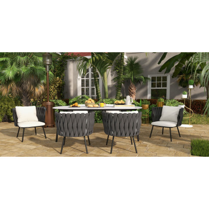 HMR Outdoor Faux Marble Top Dining Table Set with Rope Woven Armchairs - Beige & Gray, 70.9" (7-Pieces)