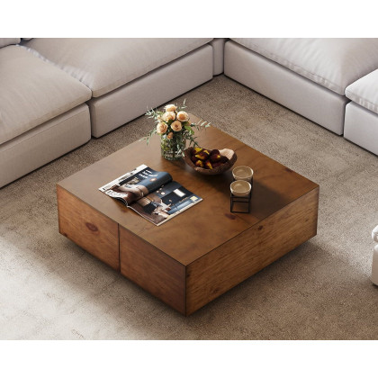 HMR 35" Square Pine Wood Block Coffee Table with 4 Drawers - Distressed Brown