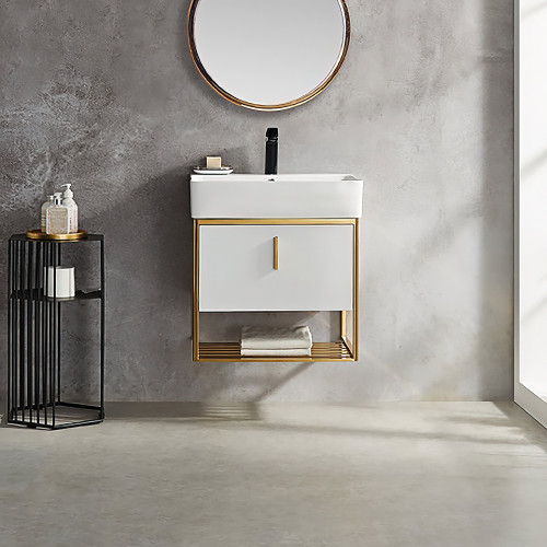 HMR 23.6" Modern Floating Bathroom Vanity with Drawer Shelf Single Ceramic Sink Small - White & Gold