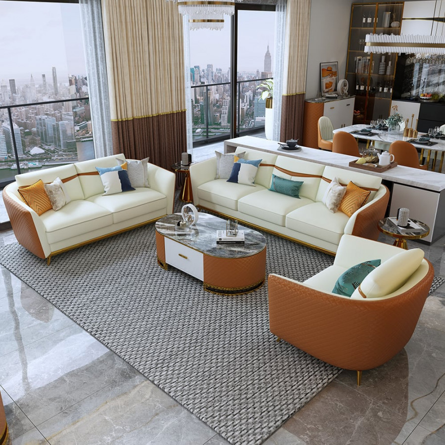 HMR - Colorg Orange Faux Leather Living Room Sofa with Single Sofa & Loveseat Set of 3