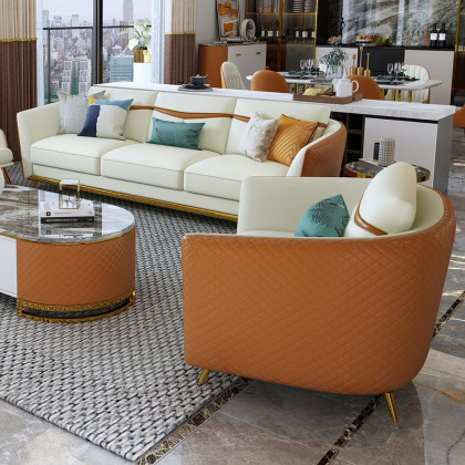 HMR - Colorg Orange Faux Leather Living Room Sofa with Single Sofa & Loveseat Set of 3