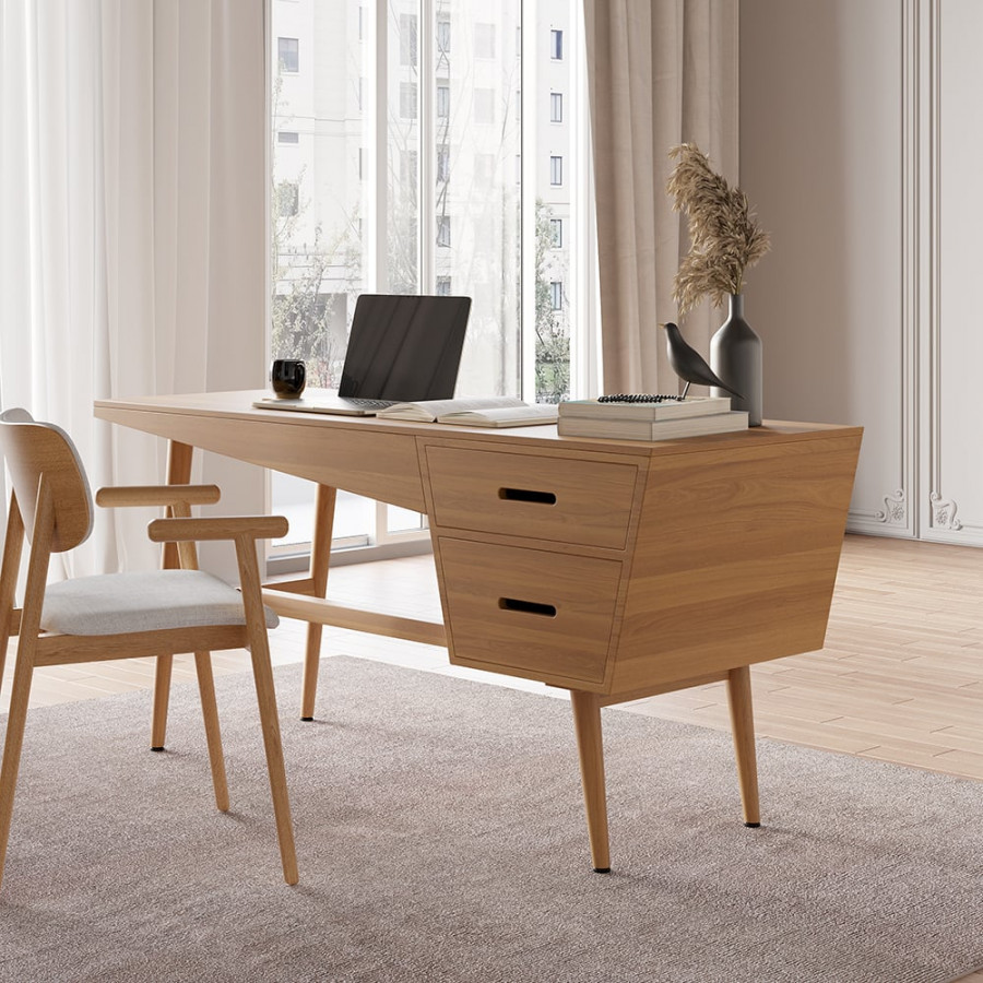 HMR - 59.1" Mid Century Modern Natural Writing Desk Wooden Computer Desk with 2 Drawers 4 Legs
