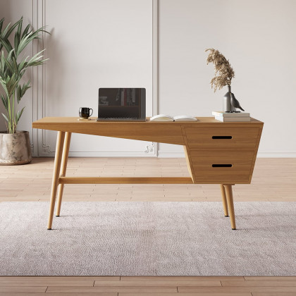 HMR - 59.1" Mid Century Modern Natural Writing Desk Wooden Computer Desk with 2 Drawers 4 Legs