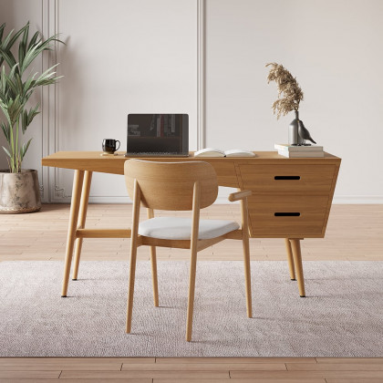 HMR - 59.1" Mid Century Modern Natural Writing Desk Wooden Computer Desk with 2 Drawers 4 Legs