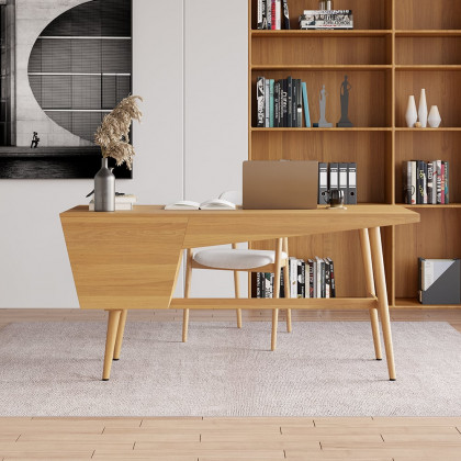 HMR - 59.1" Mid Century Modern Natural Writing Desk Wooden Computer Desk with 2 Drawers 4 Legs