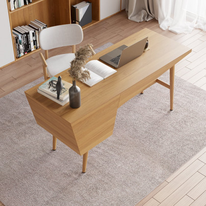 HMR - 59.1" Mid Century Modern Natural Writing Desk Wooden Computer Desk with 2 Drawers 4 Legs