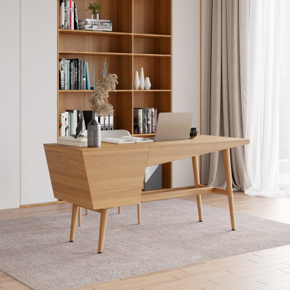 HMR - 59.1" Mid Century Modern Natural Writing Desk Wooden Computer Desk with 2 Drawers 4 Legs