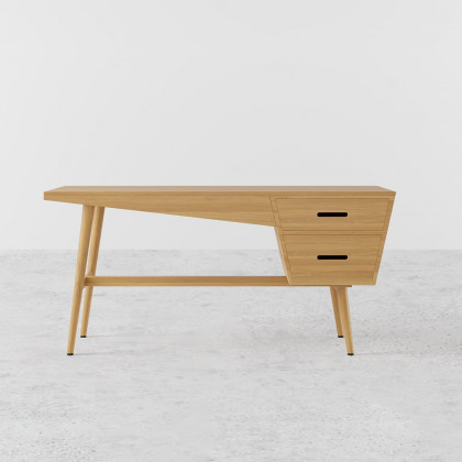 HMR - 59.1" Mid Century Modern Natural Writing Desk Wooden Computer Desk with 2 Drawers 4 Legs