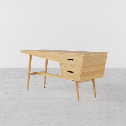 HMR - 59.1" Mid Century Modern Natural Writing Desk Wooden Computer Desk with 2 Drawers 4 Legs