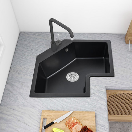 HMR - 25" Drop In Corner Kitchen Modern Single Bowl Quartz Irregular Sink