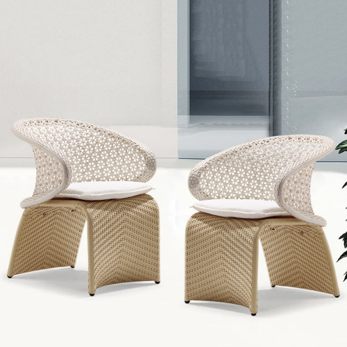 HMR Aluminum & Rattan Outdoor Patio Armchair with Cushion Arched Bottom Low-Back - White & Khaki, Set of 2