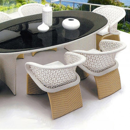 HMR - Aluminum & Rattan Outdoor Patio Armchair with Cushion Arched Bottom Low-Back