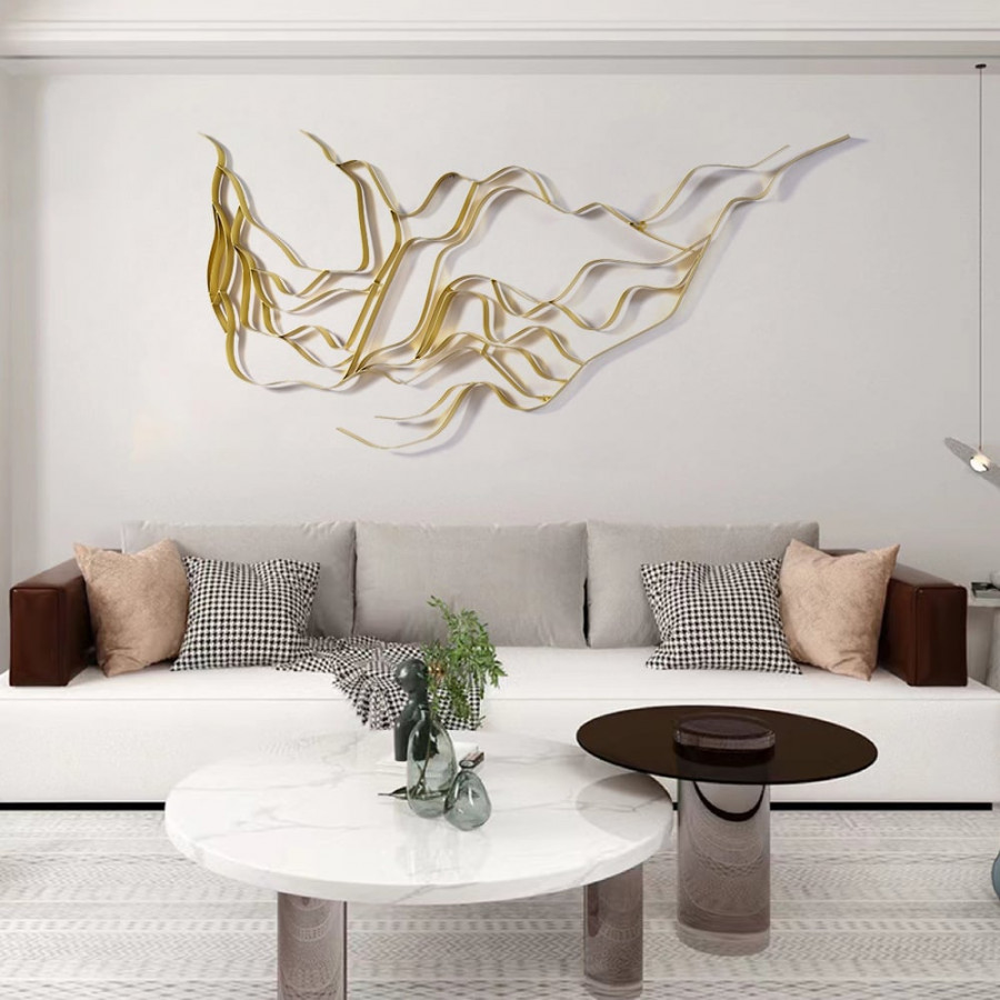 HMR - Luxury Abstract Wavy Lines Wall Decor Irregular Metal Wall Art in Gold for Living Room