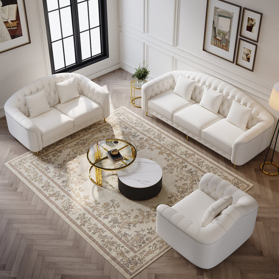 HMR - 3-Pieces Beige Leather Sofa and Loveseat Living Room Set with Pillows