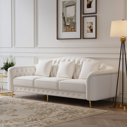 HMR - 3-Pieces Beige Leather Sofa and Loveseat Living Room Set with Pillows