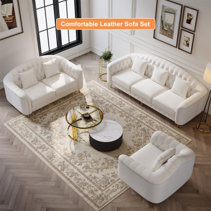 HMR - 3-Pieces Beige Leather Sofa and Loveseat Living Room Set with Pillows