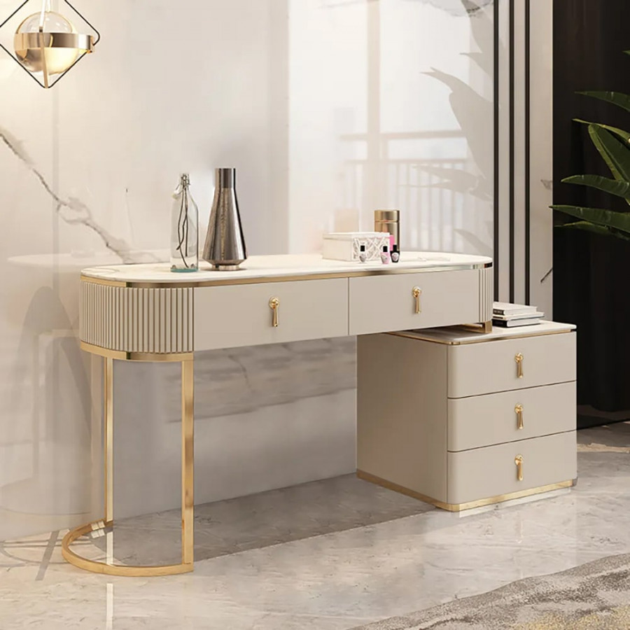 HMR - Nordic Makeup Vanity Extendable with 5-Drawer Dressing Table with Stone Top in Champagne