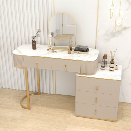 HMR - Nordic Makeup Vanity Extendable with 5-Drawer Dressing Table with Stone Top in Champagne