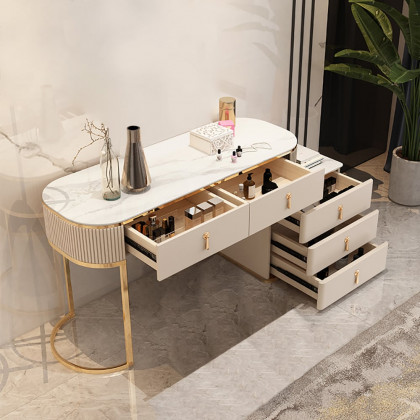 HMR - Nordic Makeup Vanity Extendable with 5-Drawer Dressing Table with Stone Top in Champagne