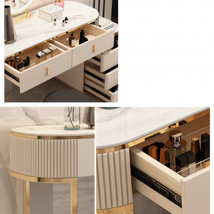 HMR - Nordic Makeup Vanity Extendable with 5-Drawer Dressing Table with Stone Top in Champagne