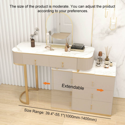 HMR - Nordic Makeup Vanity Extendable with 5-Drawer Dressing Table with Stone Top in Champagne