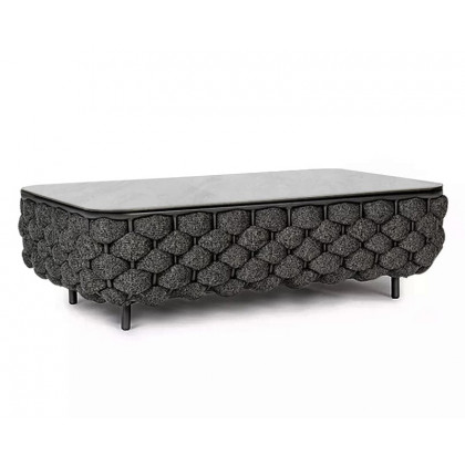 HMR Martic Modern Aluminum & Rope & Faux Marble Top Outdoor Patio Coffee Table - Black