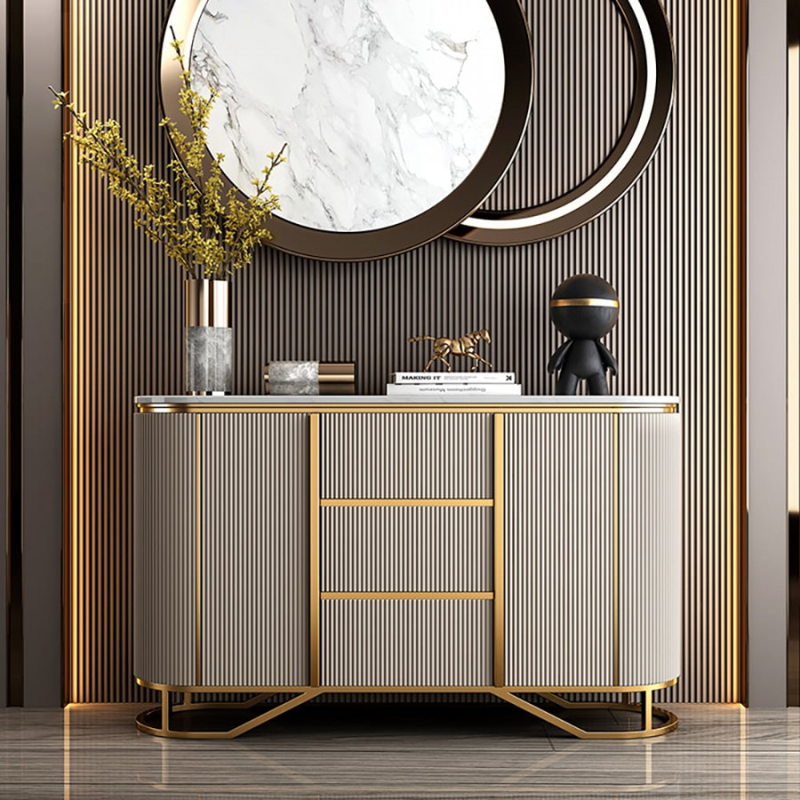 HMR - Faux Marble Top Sideboard with Stainless Steel Base in White