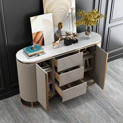 HMR - Faux Marble Top Sideboard with Stainless Steel Base in White