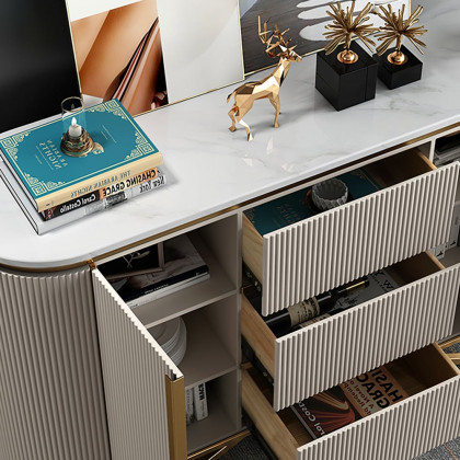 HMR - Faux Marble Top Sideboard with Stainless Steel Base in White