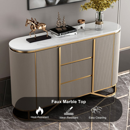 HMR - Faux Marble Top Sideboard with Stainless Steel Base in White