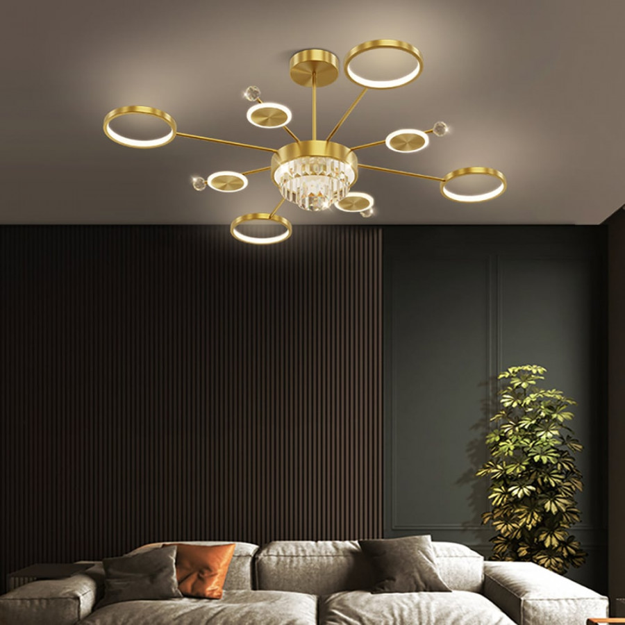 HMR - Gold LED Chandelier 9-Light Sputnik Ceiling Light with Crystal Accents