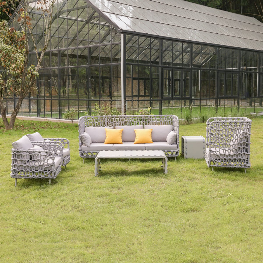HMR - 6-Pieces Aluminum & Rope Outdoor Sofa Set with Coffee Table and Cushion Pillow in Gray