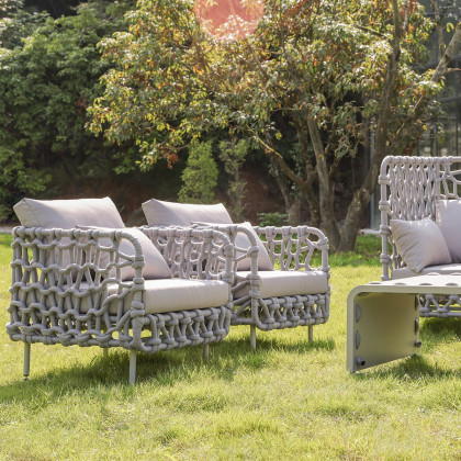 HMR - 6-Pieces Aluminum & Rope Outdoor Sofa Set with Coffee Table and Cushion Pillow in Gray