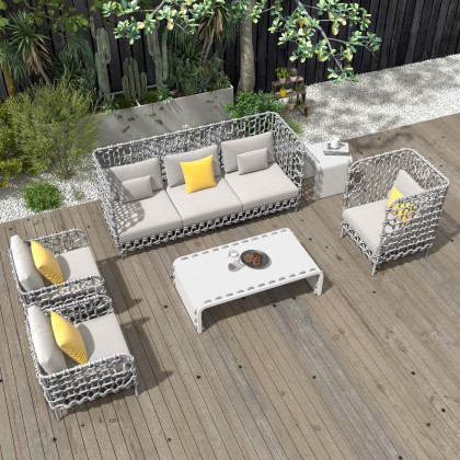 HMR - 6-Pieces Aluminum & Rope Outdoor Sofa Set with Coffee Table and Cushion Pillow in Gray