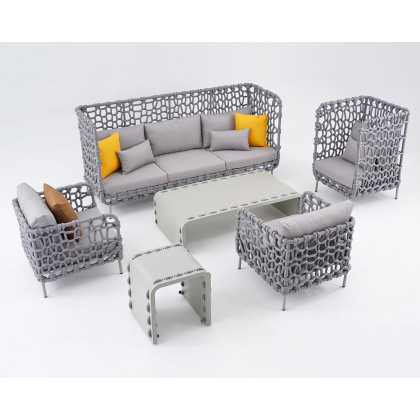 HMR - 6-Pieces Aluminum & Rope Outdoor Sofa Set with Coffee Table and Cushion Pillow in Gray