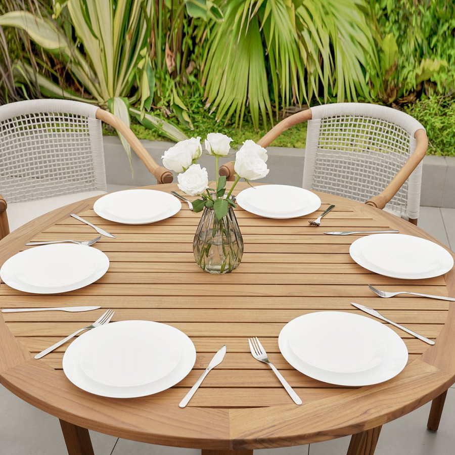 HMR - Modern Round Teak Wood 6 Person Outdoor Patio Dining Table in Natural