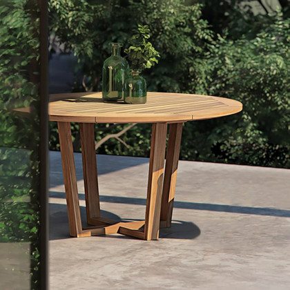 HMR - Modern Round Teak Wood 6 Person Outdoor Patio Dining Table in Natural