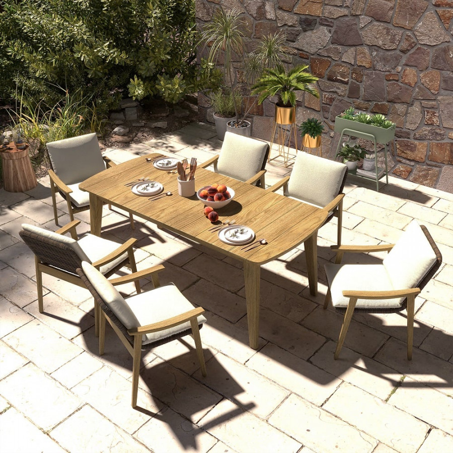 HMR - 7-Pieces Outdoor Patio Dining Set with Teak Wood Table and Chair in Natural & Gray