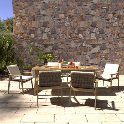 HMR - 7-Pieces Outdoor Patio Dining Set with Teak Wood Table and Chair in Natural & Gray