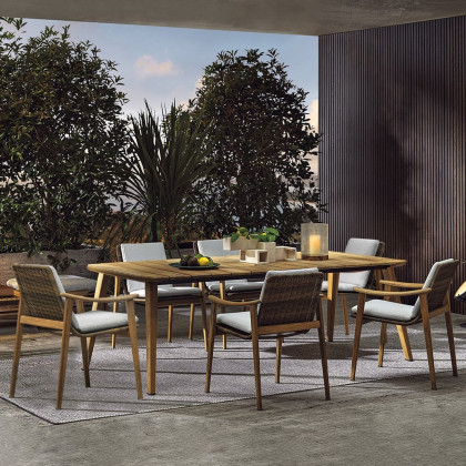 HMR - 7-Pieces Outdoor Patio Dining Set with Teak Wood Table and Chair in Natural & Gray