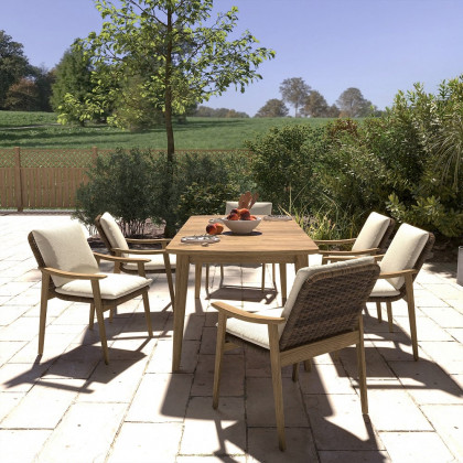 HMR - 7-Pieces Outdoor Patio Dining Set with Teak Wood Table and Chair in Natural & Gray